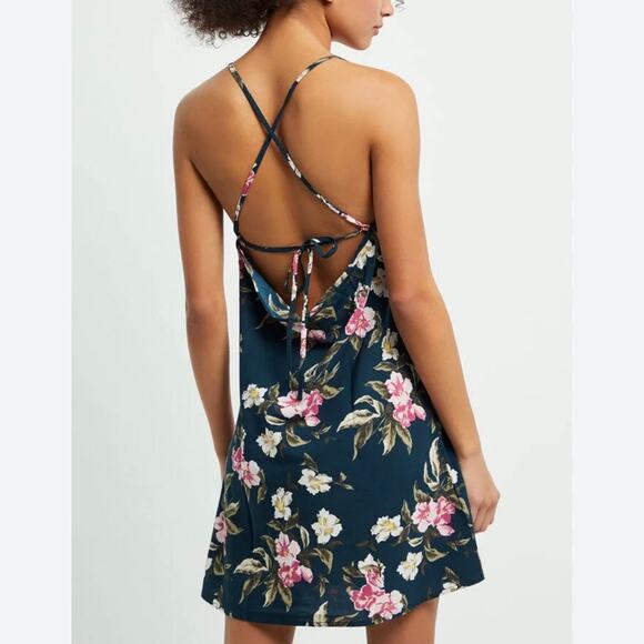 Volcom NEW Haute Tropic Dress Size L Emerald Green Floral Babydoll Strappy Back - Picture 4 of 11